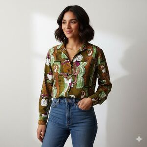 Vintage Bold Print Button Front Long Sleeve Top